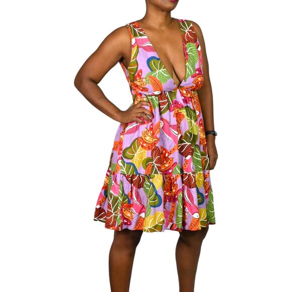 House of Harlow Tropical Print Linen Dress Purple Toucan Open Back Halter XS - Picture 13 of 15